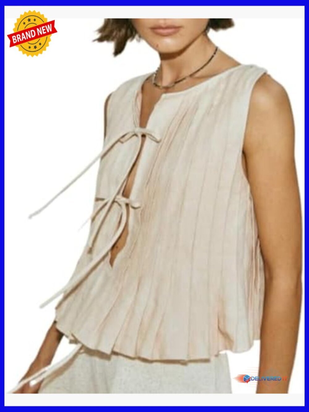 Linen Bow Tie Front Tank Top Women Coquette Pleated Peplum Blouse Sleeveless